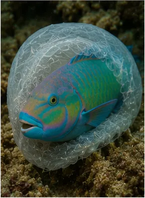 Illustration of some parrotfish sleep inside a mucus cocoon for the question "Why do some parrotfish sleep inside a mucus cocoon?"