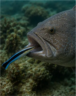 Illustration of cleaner fish set up underwater cleaning stations for the question "Why do cleaner fish set up underwater cleaning stations?"