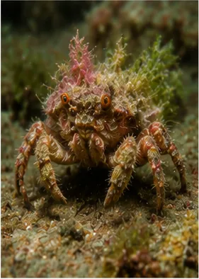 Illustration of decorator crabs wear seaweed and sponges for the question "Why do decorator crabs wear seaweed and sponges?"