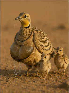 Illustration of sandgrouse fathers carry water to their chicks for the question "How do sandgrouse fathers carry water to their chicks?"