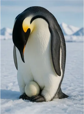 Illustration of emperor penguins balance eggs on their feet for the question "Why do emperor penguins balance eggs on their feet?"