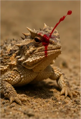 Illustration of some horned lizards squirt blood from their eyes for the question "Why can some horned lizards squirt blood from their eyes?"