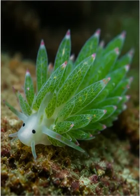 Illustration of leaf sheep sea slugs look like tiny plants for the question "Why do leaf sheep sea slugs look like tiny plants?"