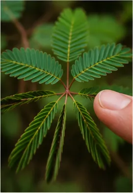 Illustration of sensitive plants fold their leaves when touched for the question "Why do sensitive plants fold their leaves when touched?"