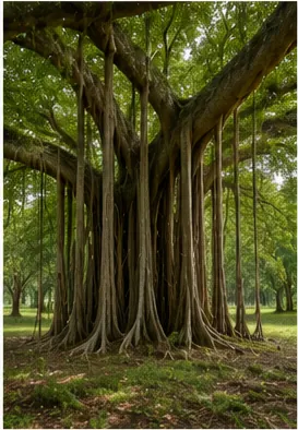 Illustration of banyan roots turn into new trunks for the question "How can banyan roots turn into new trunks?"