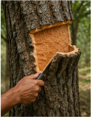Illustration of people harvest cork without killing the tree for the question "How can people harvest cork without killing the tree?"