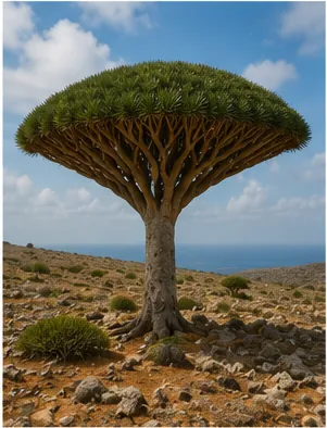 Illustration of dragon's blood trees grow like giant umbrellas for the question "Why do dragon's blood trees grow like giant umbrellas?"