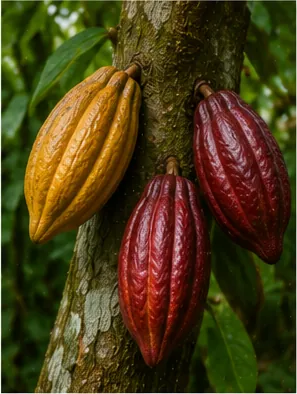 Illustration of cacao pods grow straight from the trunk for the question "Why do cacao pods grow straight from the trunk?"