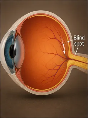 Illustration of each eye have a tiny blind spot for the question "Why does each eye have a tiny blind spot?"