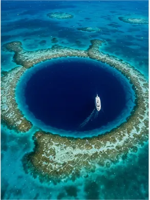 Illustration of deep ocean sinkholes called blue holes for the question "Why are deep ocean sinkholes called blue holes?"