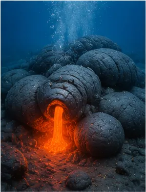 Illustration of underwater lava form rounded pillows for the question "Why does underwater lava form rounded pillows?"