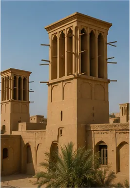 Illustration of some desert buildings have wind towers for the question "Why do some desert buildings have wind towers?"