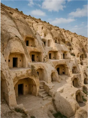 Illustration of people carve homes and rooms into soft rock for the question "Why did people carve homes and rooms into soft rock?"