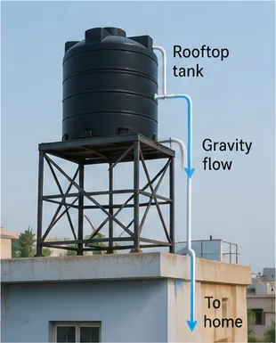 Illustration of rooftop water tanks keep water flowing into homes for the question "How do rooftop water tanks keep water flowing into homes?"