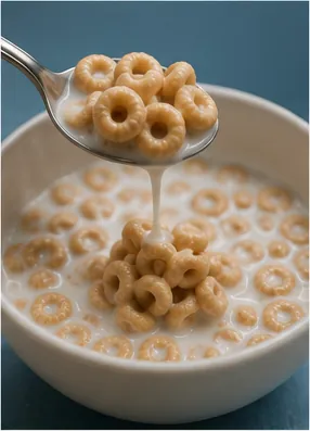 Illustration of cereal pieces sometimes clump together in milk for the question "Why do cereal pieces sometimes clump together in milk?"