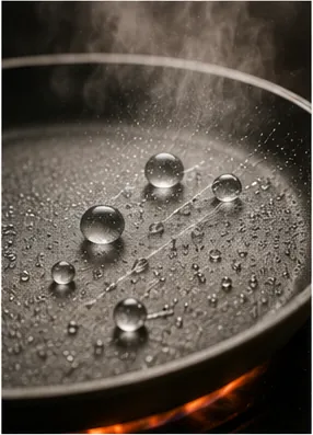 Illustration of water drops sometimes skate across a very hot pan for the question "Why do water drops sometimes skate across a very hot pan?"
