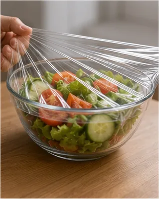 Illustration of cling film stick to bowls without glue for the question "Why does cling film stick to bowls without glue?"