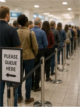 Illustration of people form queues instead of crowding forward for the question "Why do people form queues instead of crowding forward?"