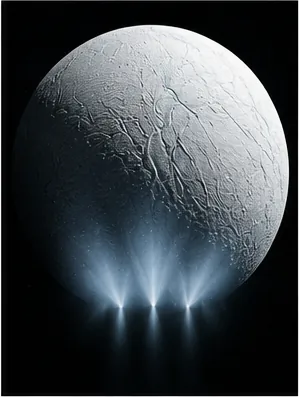 Illustration of enceladus spray water into space for the question "Why does Enceladus spray water into space?"