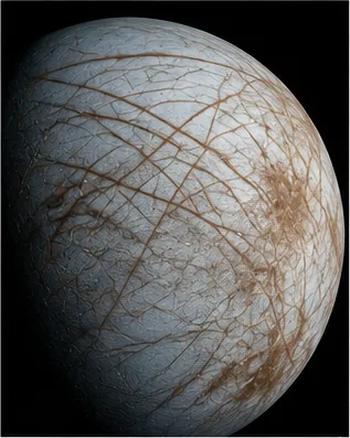Illustration of europa covered in long cracks for the question "Why is Europa covered in long cracks?"