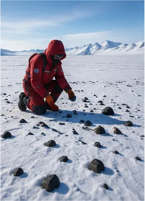 Illustration of scientists find meteorites in antarctica for the question "How do scientists find meteorites in Antarctica?"
