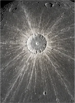 Illustration of bright rays stretch away from some moon craters for the question "Why do bright rays stretch away from some Moon craters?"