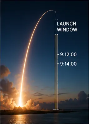 Illustration of spacecraft launch windows sometimes only minutes long for the question "Why are spacecraft launch windows sometimes only minutes long?"