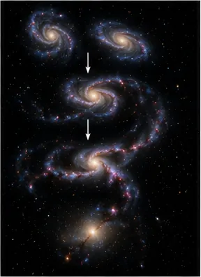 Illustration of galaxies collide without most stars crashing into each other for the question "How can galaxies collide without most stars crashing into each other?"