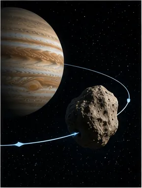Illustration of some asteroids travel beside a planet without hitting it for the question "Why do some asteroids travel beside a planet without hitting it?"