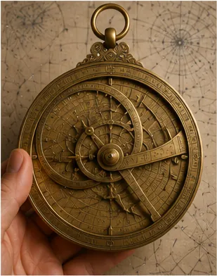 Illustration of an astrolabe help people read the sky for the question "How did an astrolabe help people read the sky?"
