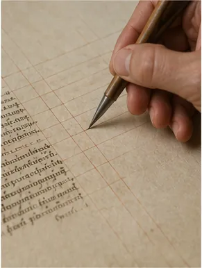 Illustration of medieval scribes draw faint lines before writing for the question "Why did medieval scribes draw faint lines before writing?"