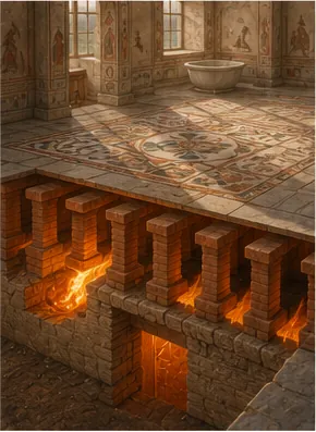 Illustration of romans heat rooms from underneath the floor for the question "How did Romans heat rooms from underneath the floor?"