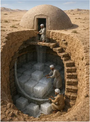 Illustration of people make and store ice in hot deserts for the question "How did people make and store ice in hot deserts?"