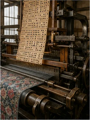 Illustration of punched cards tell a loom which threads to lift for the question "How did punched cards tell a loom which threads to lift?"