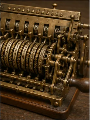 Illustration of early calculating machines add numbers with gears for the question "How did early calculating machines add numbers with gears?"