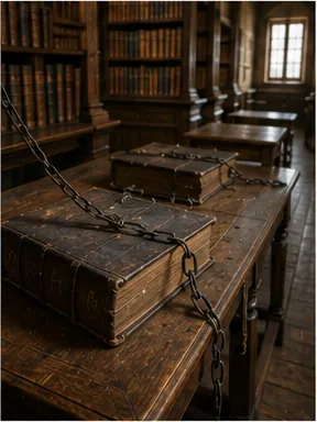 Illustration of some old library books chained to desks for the question "Why were some old library books chained to desks?"
