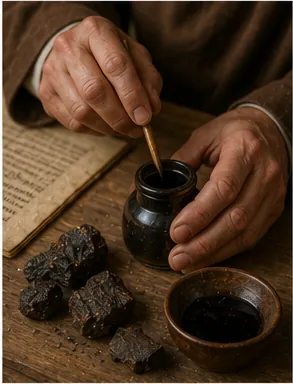 Illustration of scribes make dark ink from strange bumps on trees for the question "How did scribes make dark ink from strange bumps on trees?"