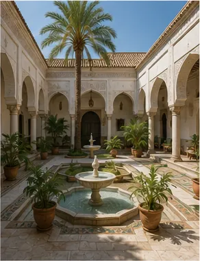 Illustration of hot-climate homes often place a courtyard in the middle for the question "Why do hot-climate homes often place a courtyard in the middle?"