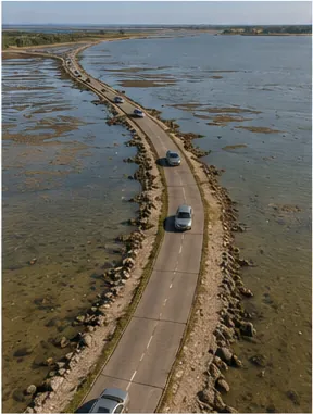 Illustration of people build roads across shallow water for the question "Why do people build roads across shallow water?"