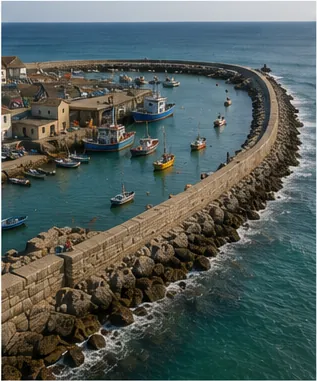 Illustration of fishing harbours build walls out into the sea for the question "Why do fishing harbours build walls out into the sea?"