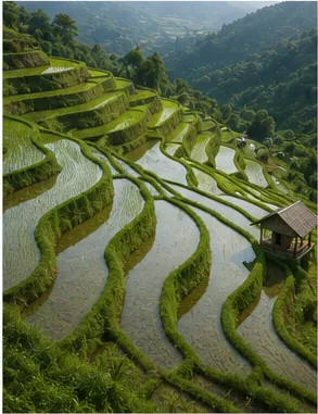Illustration of rice terraces slow water on steep hills for the question "How do rice terraces slow water on steep hills?"