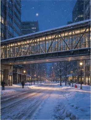 Illustration of some snowy cities connect buildings with indoor walkways for the question "Why do some snowy cities connect buildings with indoor walkways?"