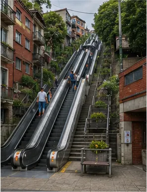 Illustration of some steep cities build outdoor escalators for the question "Why do some steep cities build outdoor escalators?"