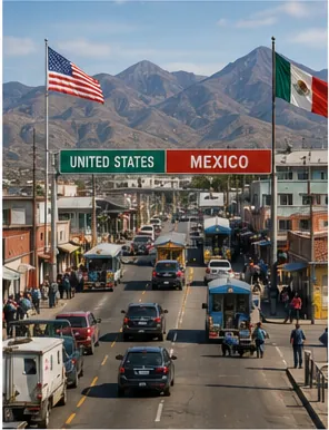 Illustration of towns sometimes grow around border crossings for the question "Why do towns sometimes grow around border crossings?"