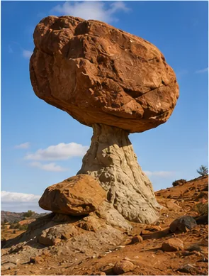 Illustration of some giant rocks balance on tiny-looking bases for the question "Why do some giant rocks balance on tiny-looking bases?"