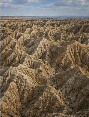 Illustration of badlands have so many sharp ridges and gullies for the question "Why do badlands have so many sharp ridges and gullies?"