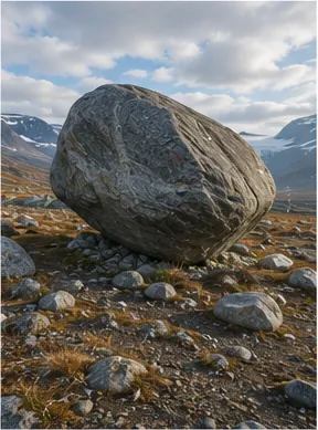Illustration of giant boulders sometimes sit far from their home rock for the question "Why do giant boulders sometimes sit far from their home rock?"