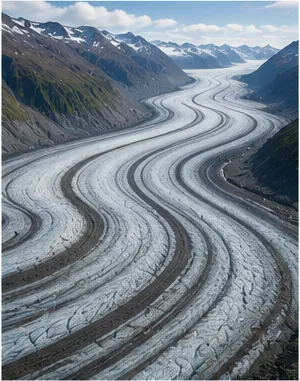 Illustration of winding ridges of sand and gravel form beneath glaciers for the question "How do winding ridges of sand and gravel form beneath glaciers?"