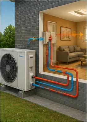 Illustration of a heat pump move warmth from cold air into a house for the question "How can a heat pump move warmth from cold air into a house?"