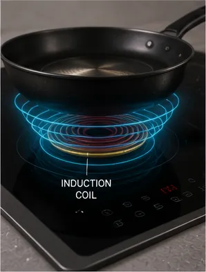 Illustration of an induction cooktop heat a pan without a glowing element for the question "How can an induction cooktop heat a pan without a glowing element?"